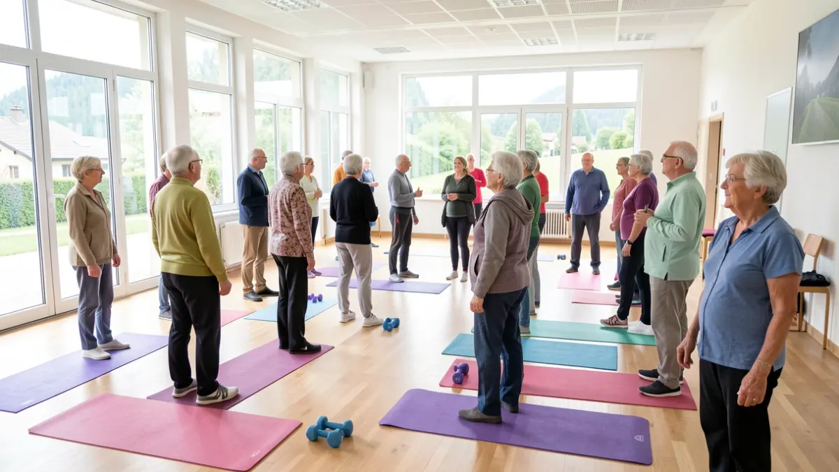 Seniors engage in adapted physical activity in a bright room in Clermont-Ferrand.