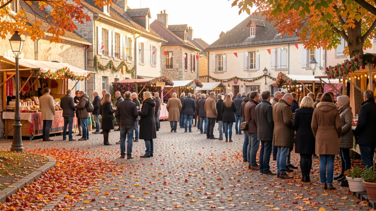 Generic image of a village square in autumn with festive decorations.