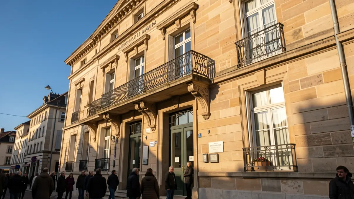 Stone facade of a Auvergne-Rhône-Alpes town hall with ornate balcony and iron railings, warm afternoon sunlight casting shadows on the sandstone walls, blue sky, documentary photography style.