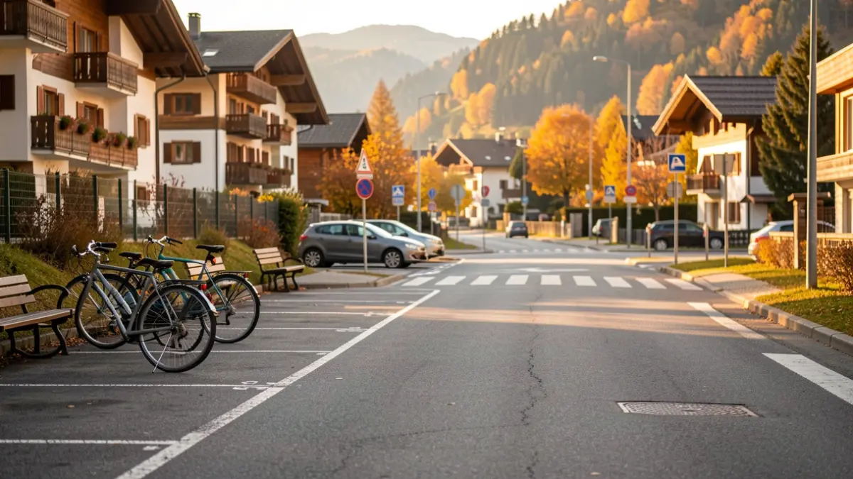 Redesign of parking spaces in Aime-la-Plagne with bicycle racks and benches.