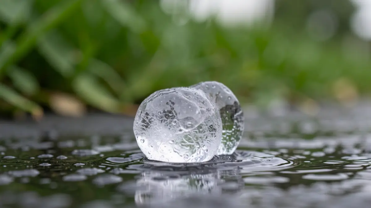 Close-up of a hailstone on a dark, wet surface, symbolizing meteorological damage.