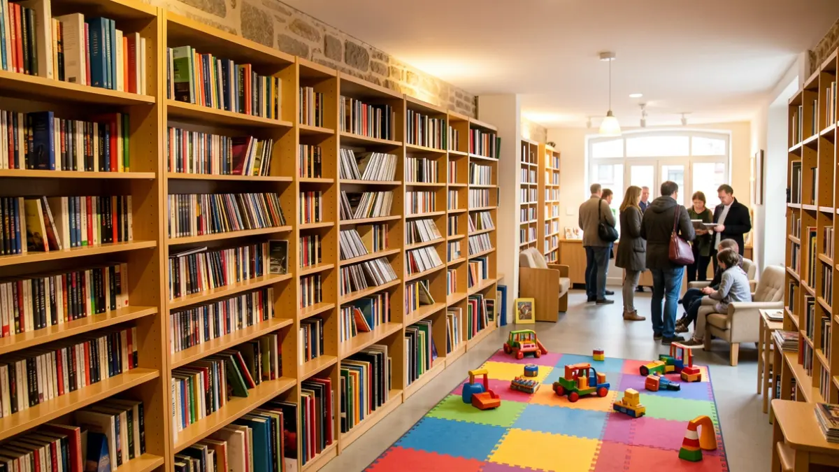 Interior of the La Pléiade cultural space in Commentry, featuring bookshelves and a children's corner.