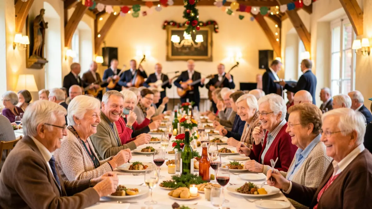 Generic image of seniors participating in a festive and musical meal in a banquet hall.