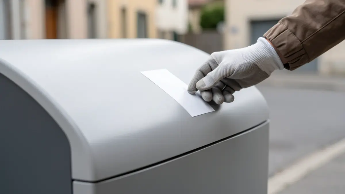 Generic image of a trash bin with a person applying a discreet sticker.