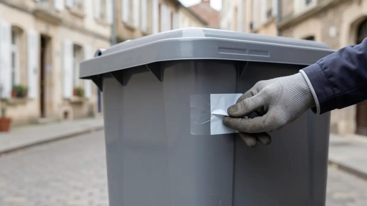 Generic image of a garbage bin with a hand applying a sticker.