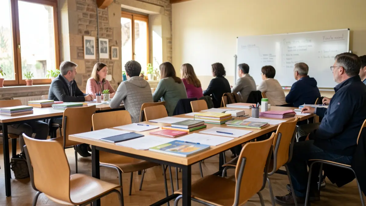 Community workshop room in Saint-Laurent-du-Pont, France, with tables and educational materials.