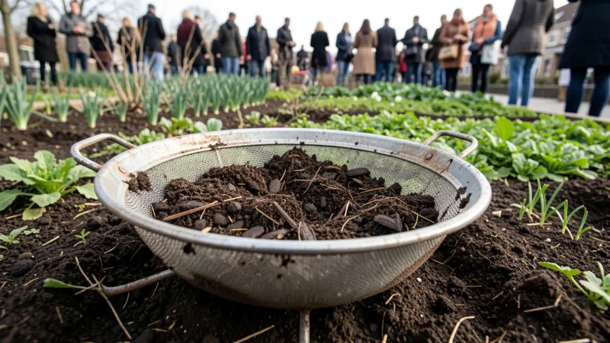 Gros plan d'un tamis à compost rempli de terreau riche et sombre, avec en arrière-plan un sol de jardin verdoyant et des plantes préparées pour l'hiver.