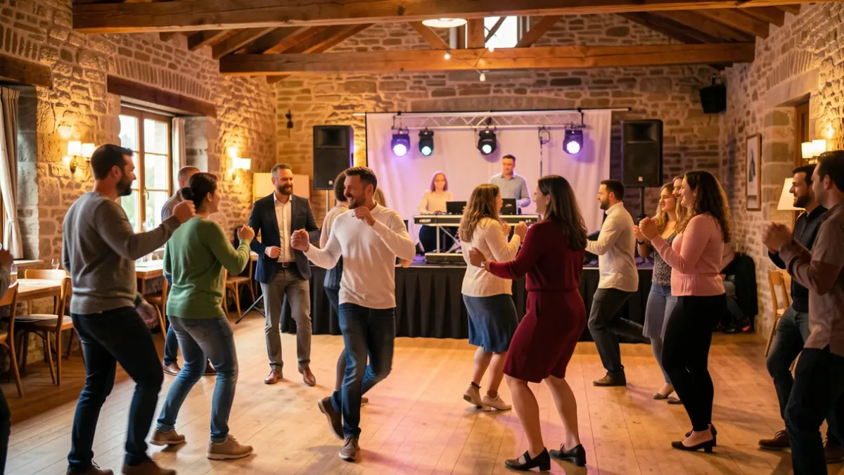 Ambiance de bal country avec danseurs et DJ dans une salle communale.