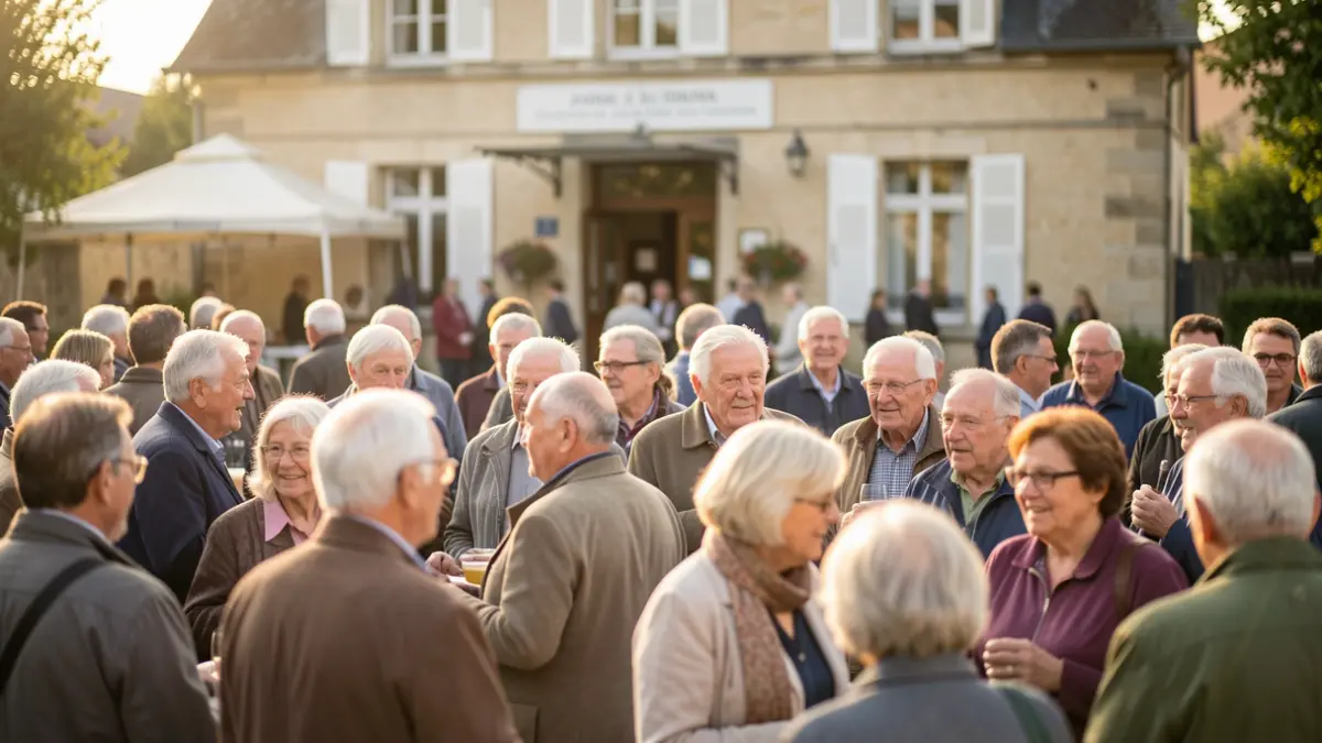 Generic image of elderly people and volunteers gathered outside a town hall.