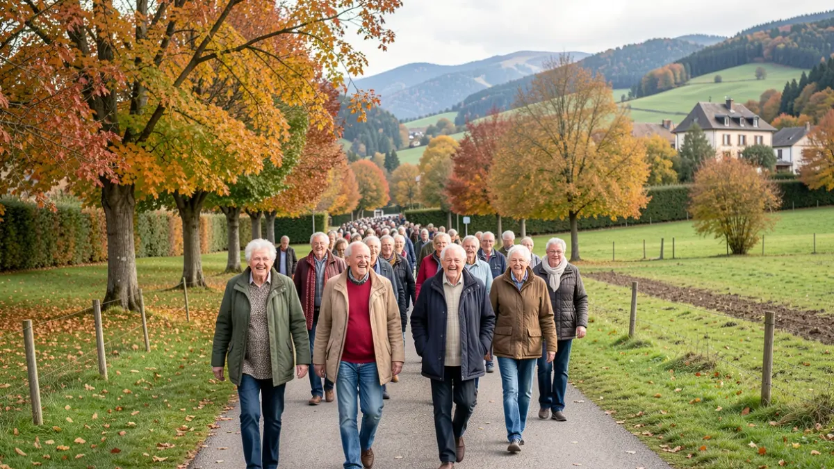 Generic image of elderly people participating in a hike in an autumn landscape in Auvergne-Rhône-Alpes.