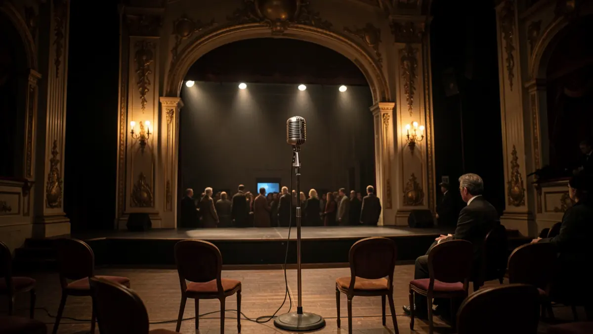 Generic image of a theater stage with Belle Époque decor and a microphone.