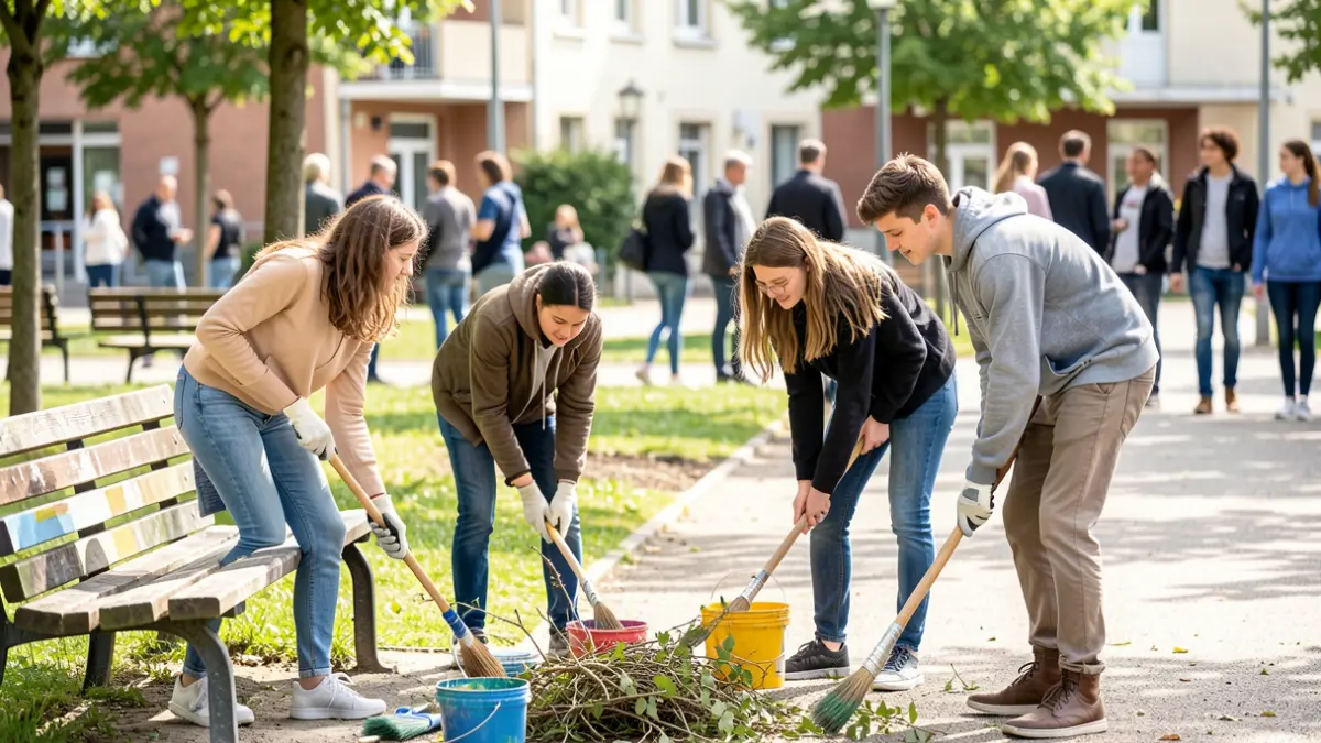 Young volunteers participating in community work in Vaulx-en-Velin.
