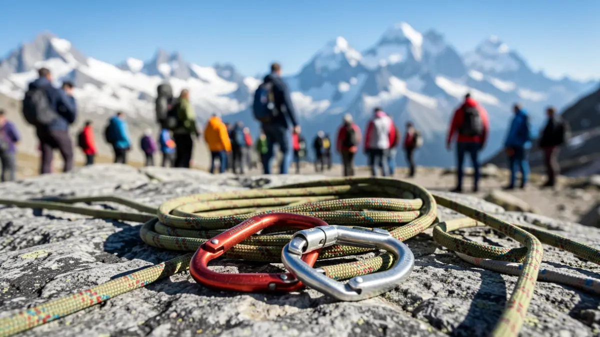 Corde d'alpinisme et mousquetons sur fond rocheux avec montagnes floues.