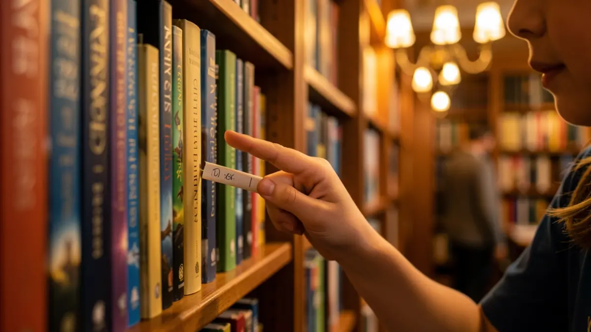 Child's hand searching for a clue in a library.
