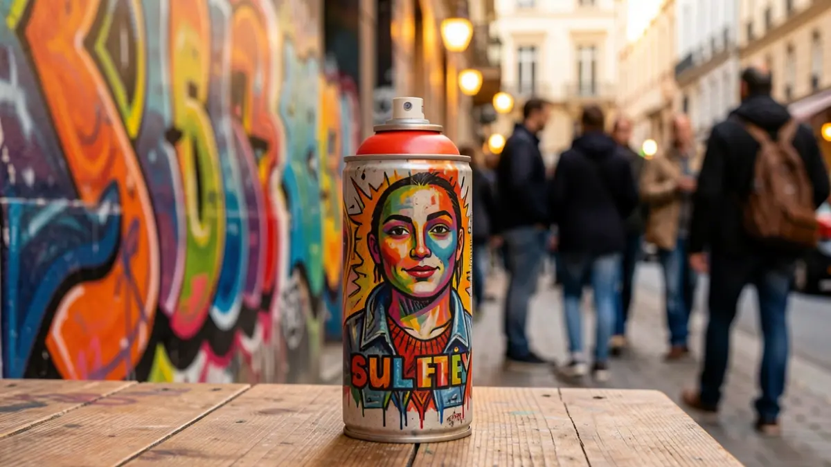 A custom spray paint can by artist SoRi for an urban treasure hunt in Saint-Chamond.