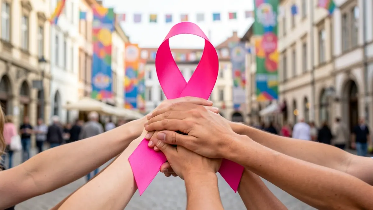 Pink ribbon symbol formed by united hands, in a community event setting.