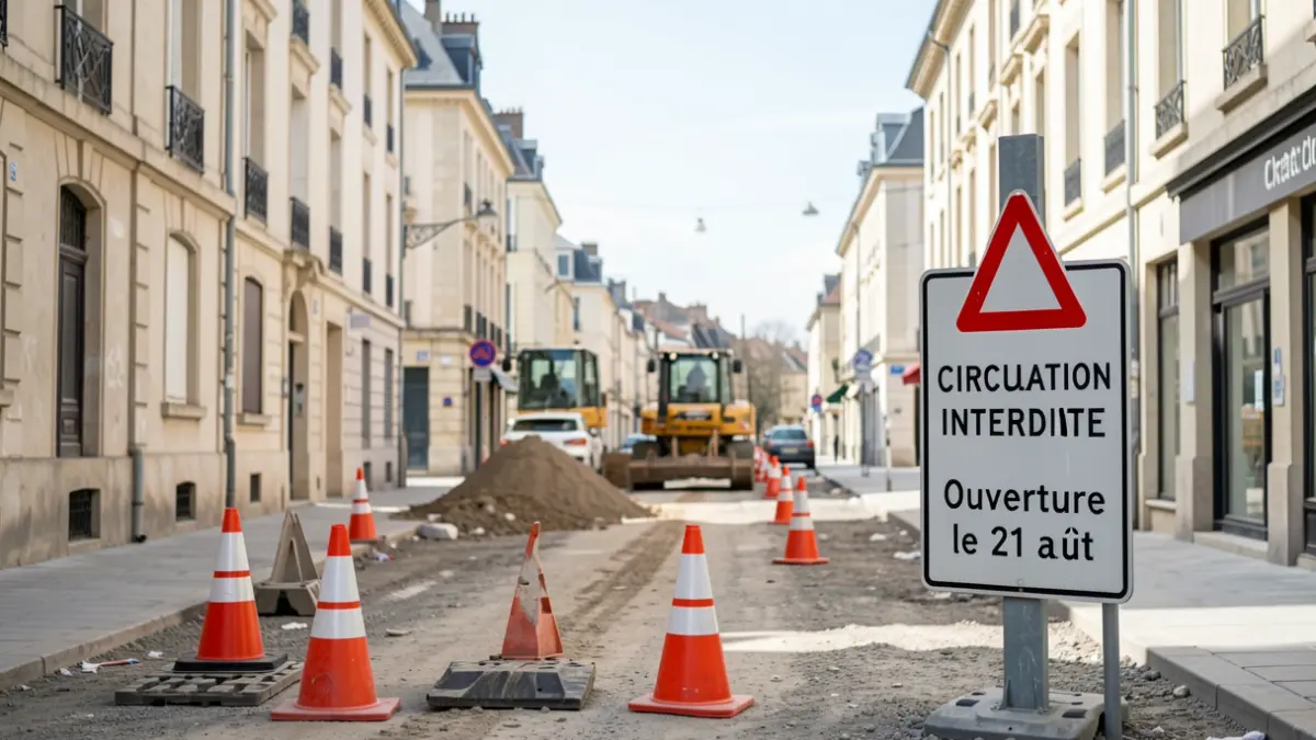 Rue de l'Oradou in Clermont-Ferrand during roadworks, with reopening signs.