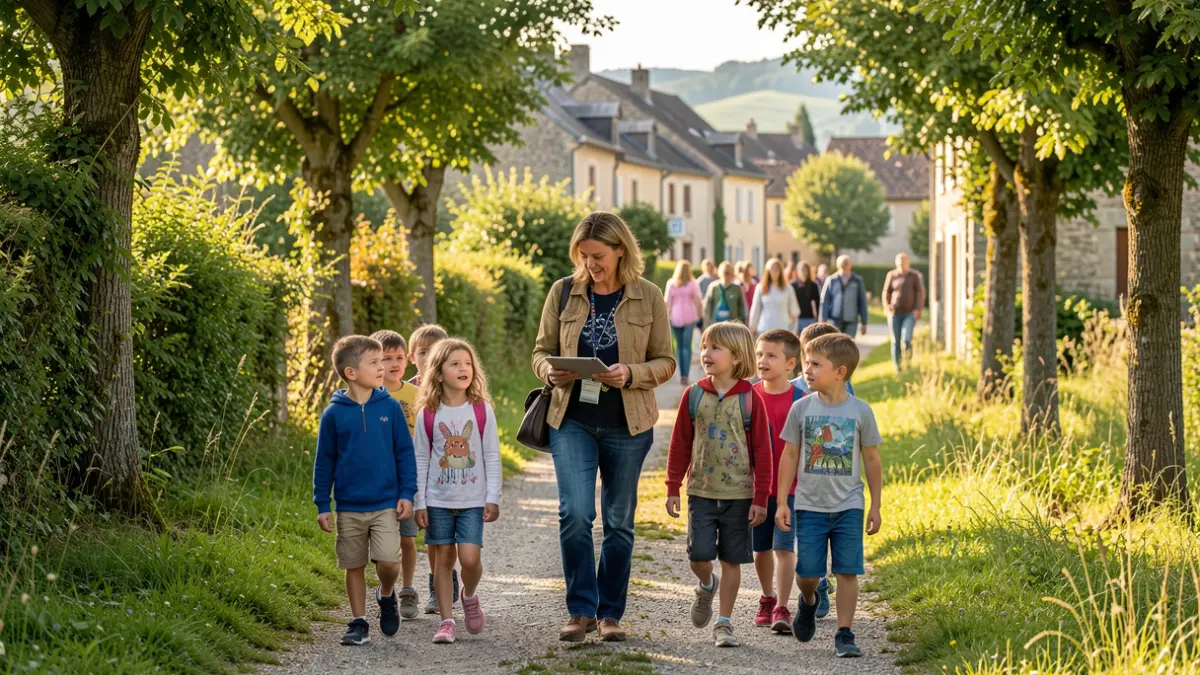 Generic image of a nature animator leading children on a walk.
