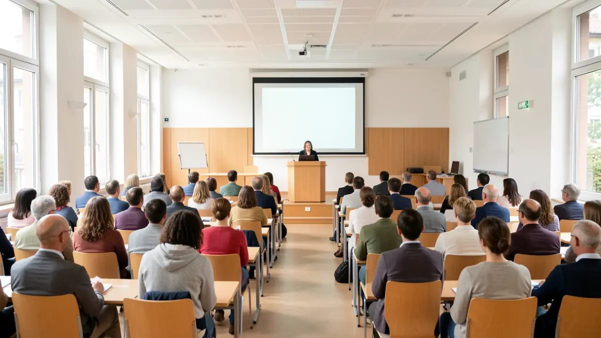 Salle de conférence vide à l'INSPÉ de Grenoble, prête pour une présentation.