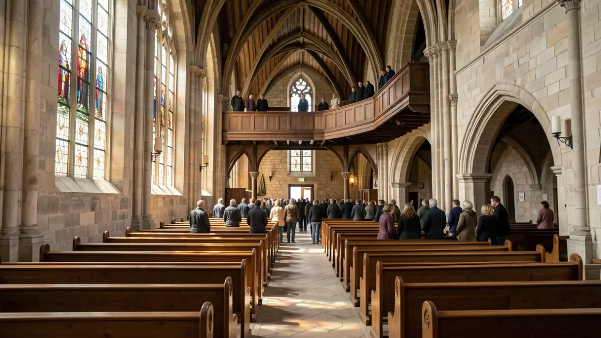 Intérieur d'une église historique en Auvergne-Rhône-Alpes, avec des bancs vides et une lumière douce.