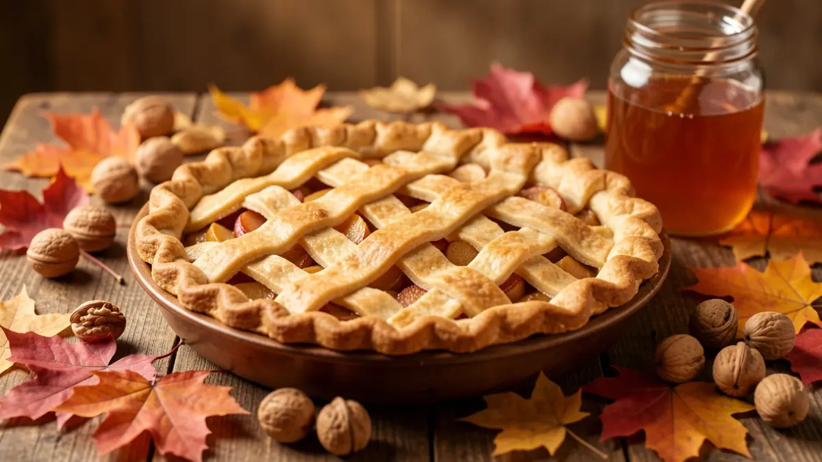 Homemade apple pie on a table decorated with autumn leaves and honey.