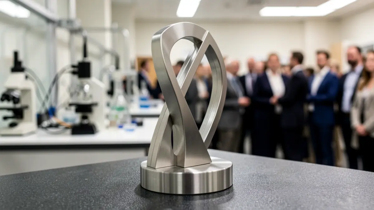 Close-up of a scientific award trophy on a dark, textured surface, with blurred laboratory equipment and soft, focused lighting in the background.