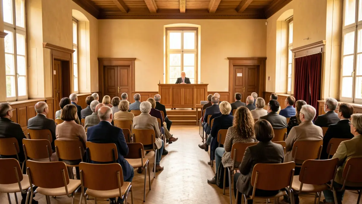 Empty conference room in a Pays Voironnais town hall, set up for a conference on elder and disabled abuse.
