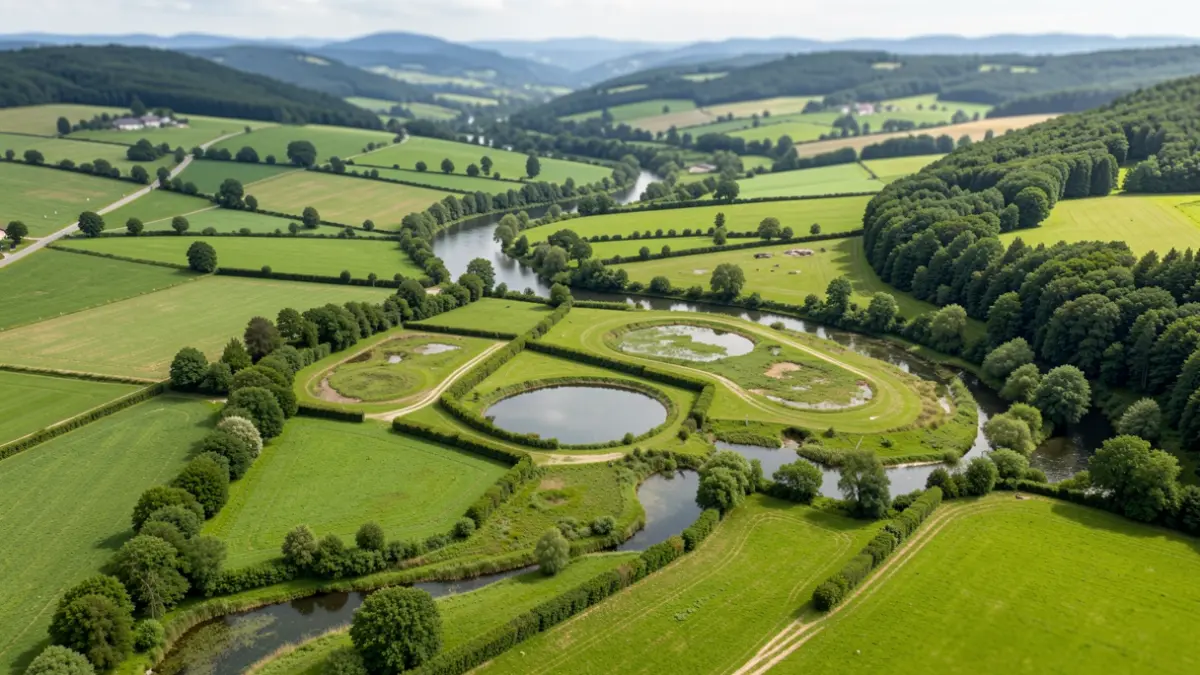 Vue aérienne d'une vallée verdoyante en Auvergne-Rhône-Alpes, France, avec une rivière sinueuse et des champs agricoles, illustrant des pratiques d'hydrologie régénérative.