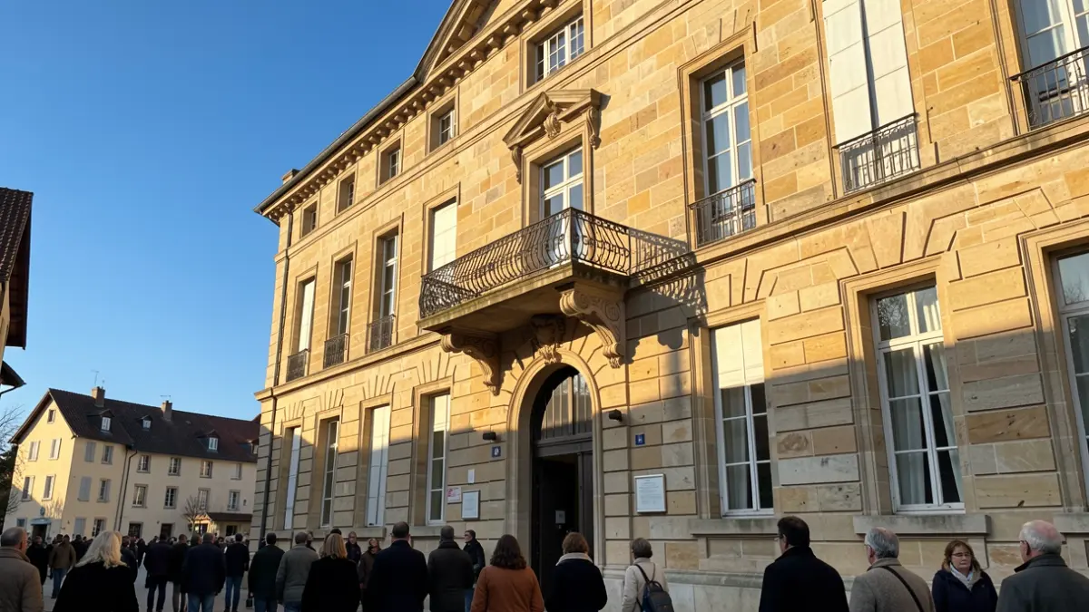 Façade en pierre d'un hôtel de ville de la région Auvergne-Rhône-Alpes avec balcon orné et ciel bleu.