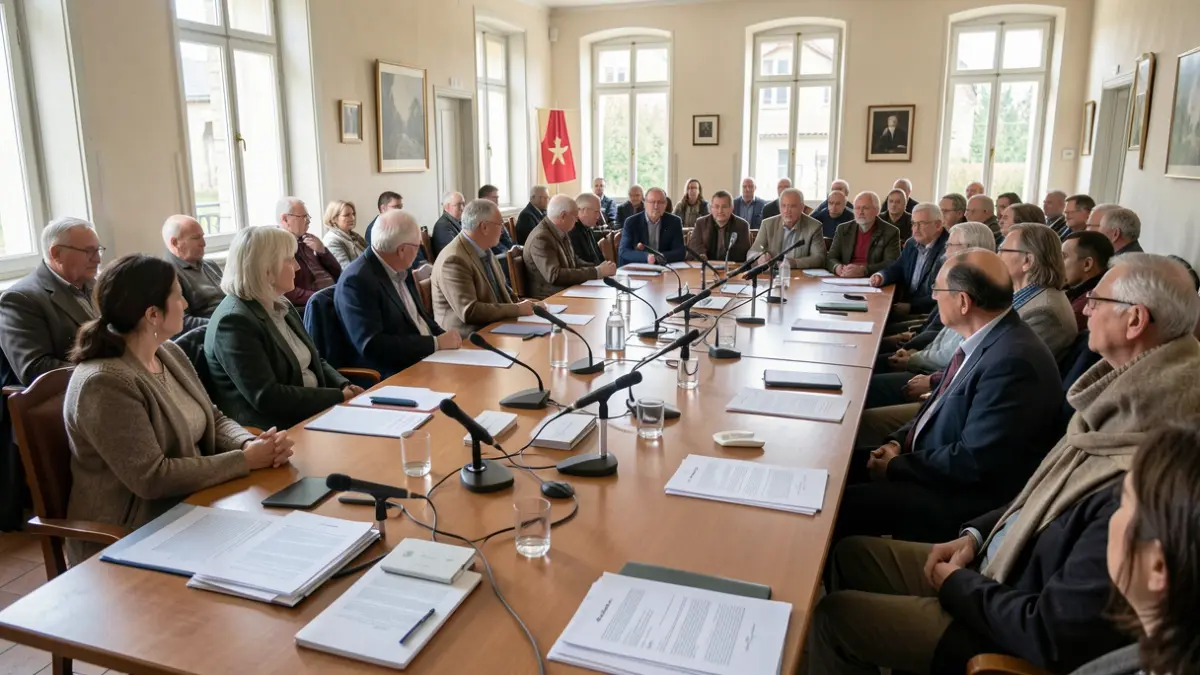 Salle de réunion communautaire dans une mairie française, avec une longue table préparée pour un conseil de quartier. Lumière naturelle douce.