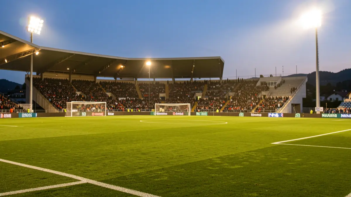 Football pitch at dusk in Auvergne-Rhône-Alpes, with goalposts and white lines visible on the grass. The stadium lights are on, casting a warm glow. No players or spectators are visible.