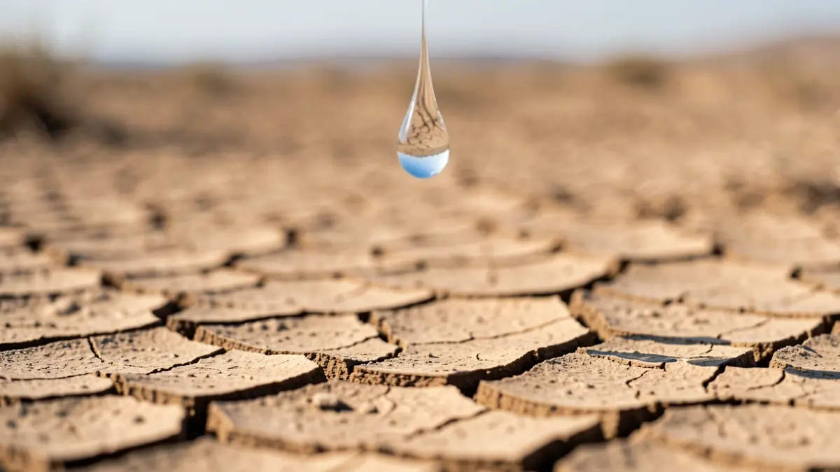 Cracked earth texture symbolizing water scarcity with a falling drop.
