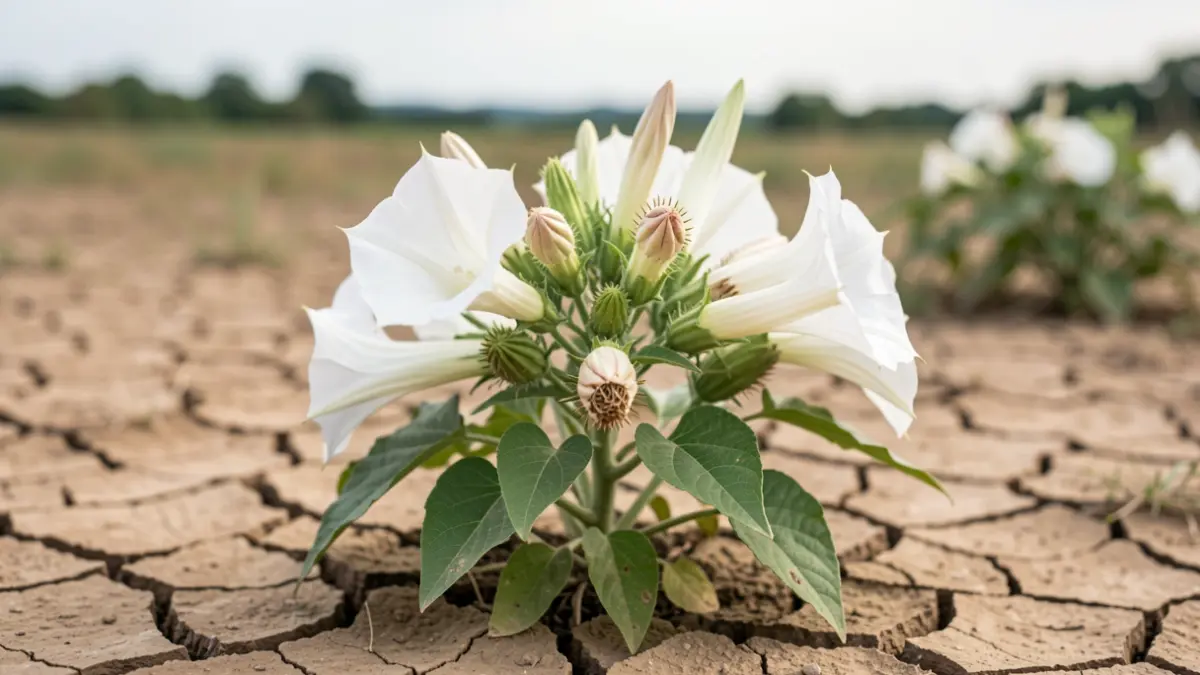Gros plan sur une plante de datura toxique avec ses fleurs blanches en trompette et ses capsules à bogues épineuses, poussant dans la terre sèche et craquelée d'un champ, symbolisant la sécheresse et les espèces envahissantes. Lumière douce et diffuse.