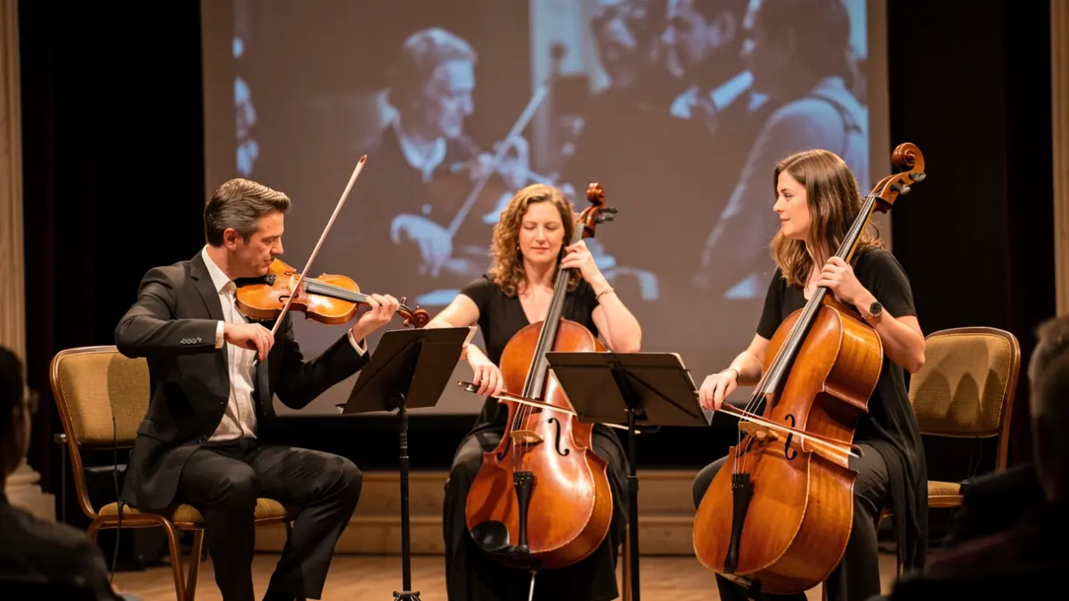 Image générique d'un concert-spectacle avec musiciens et comédienne.