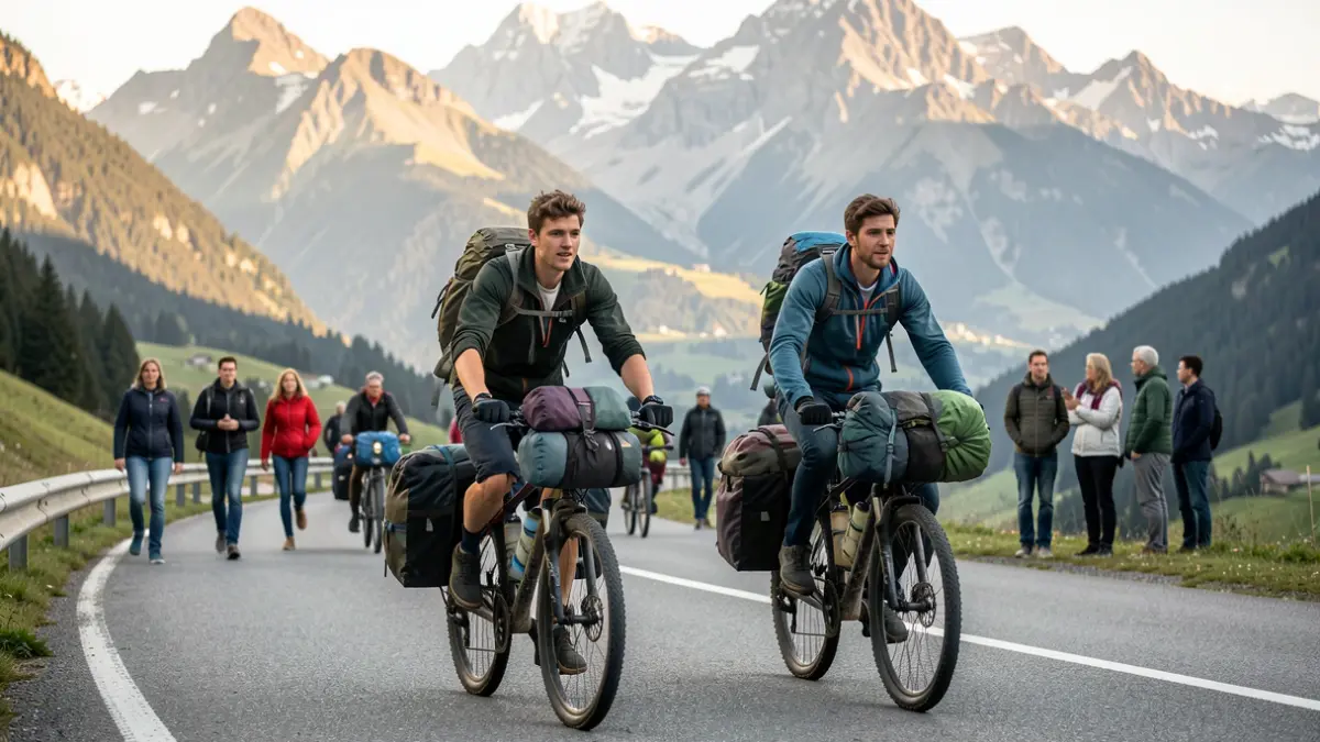 Two young men on bicycles loaded with bikepacking gear, cycling on a scenic road in the French Alps, with mountains in the background.
