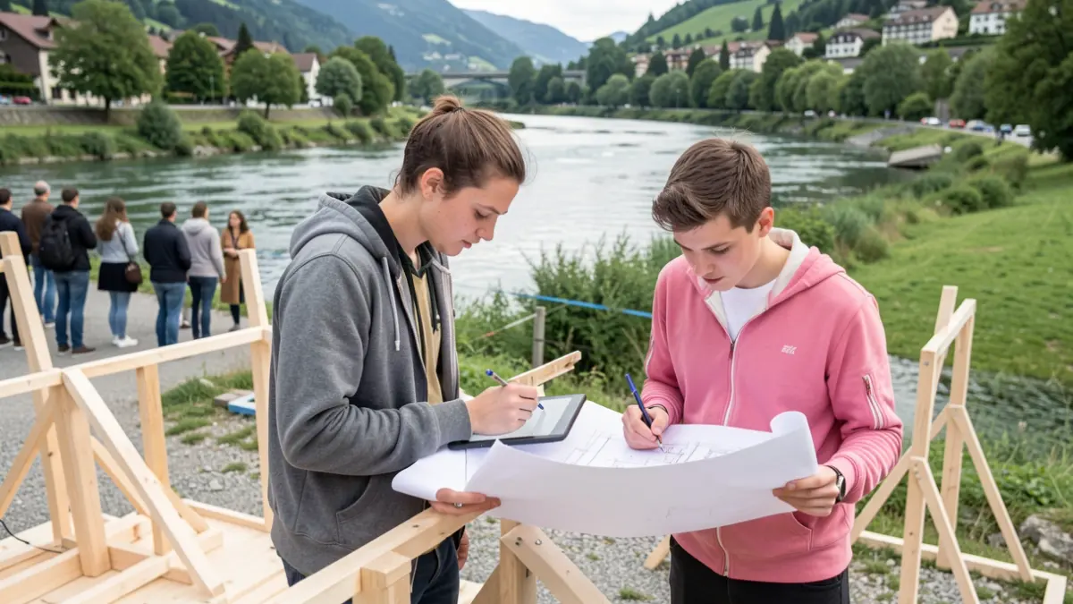 Image générique de étudiants travaillant sur des installations architecturales sur les berges de l'Isère à Grenoble.