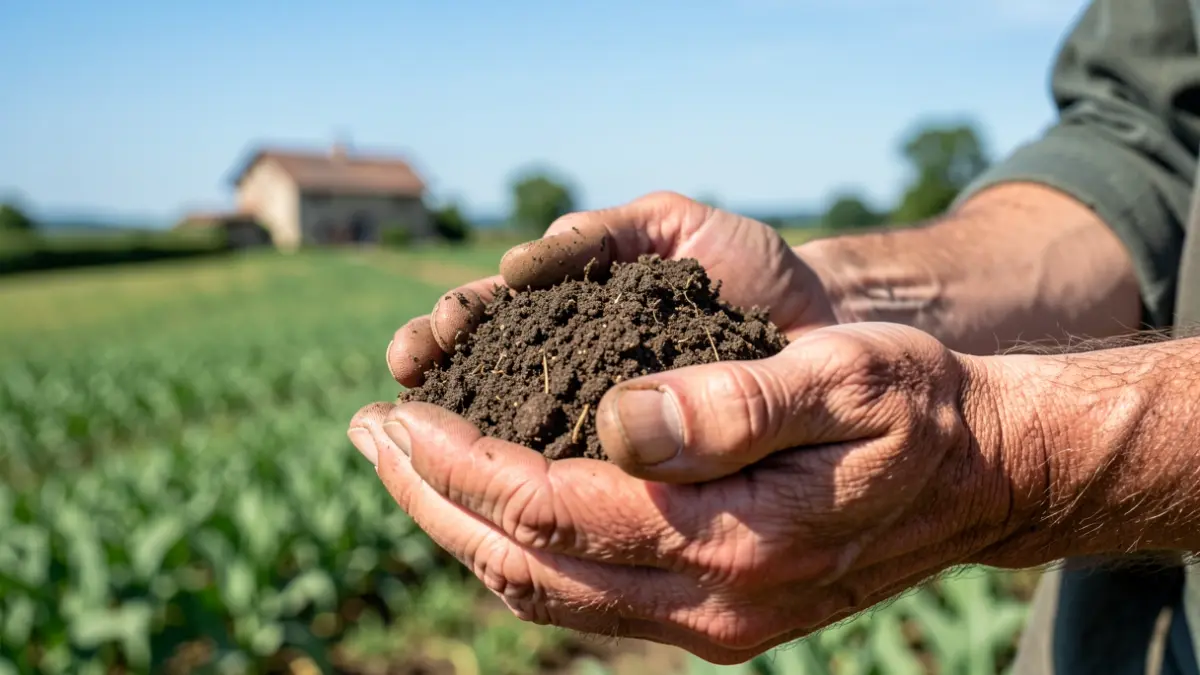 Farmer's hands holding a soil sample, with a landscape of fields and a distant farmhouse.