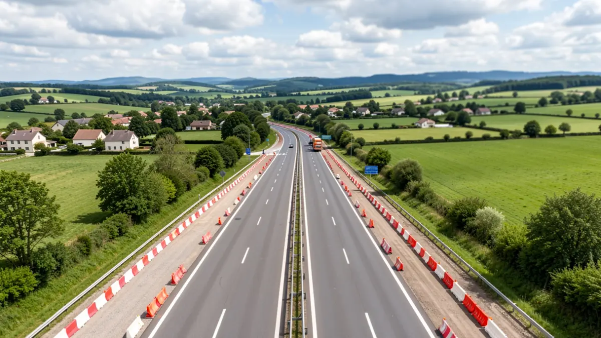 Aerial view of the RN532 in Drôme with lane closures and construction barriers.