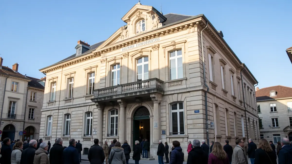 Facade of a stone town hall in the Ain department.