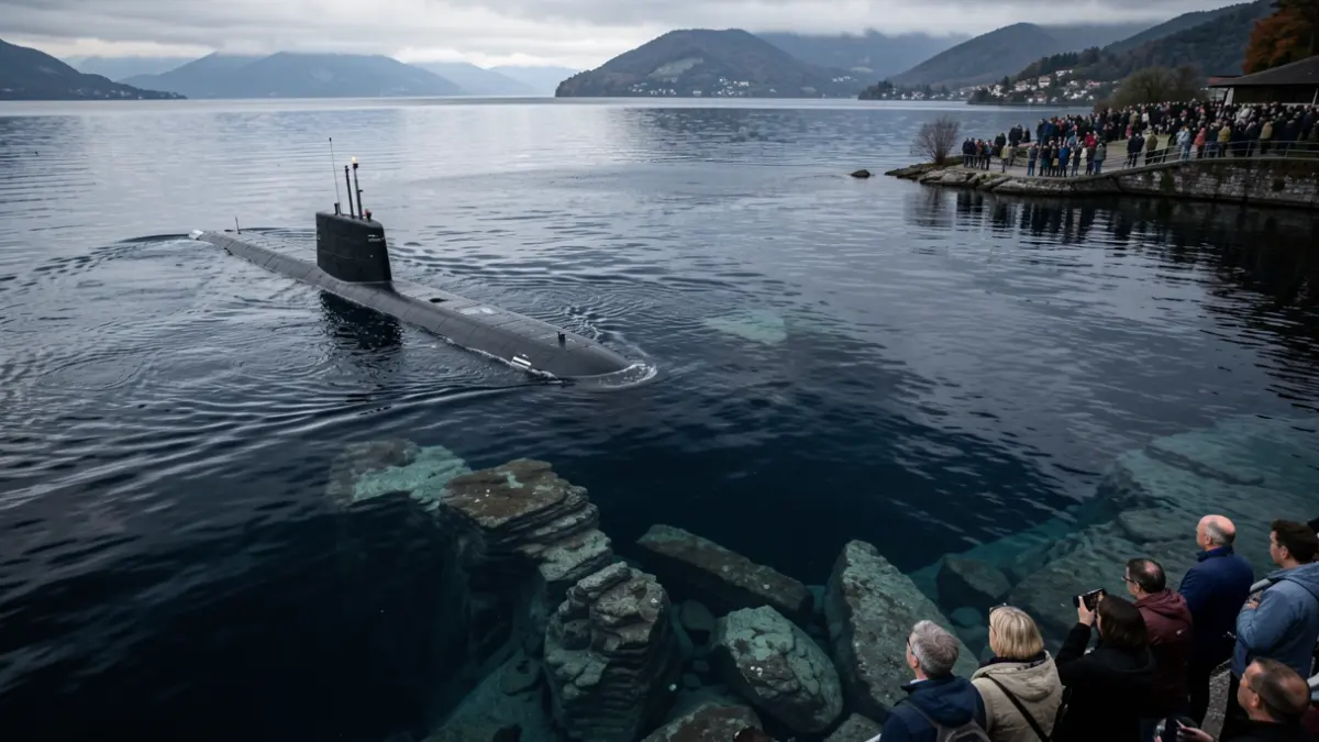 Sous-marin explorant les profondeurs du lac du Bourget, avec des formations géologiques visibles sur le fond. Style photographie documentaire.