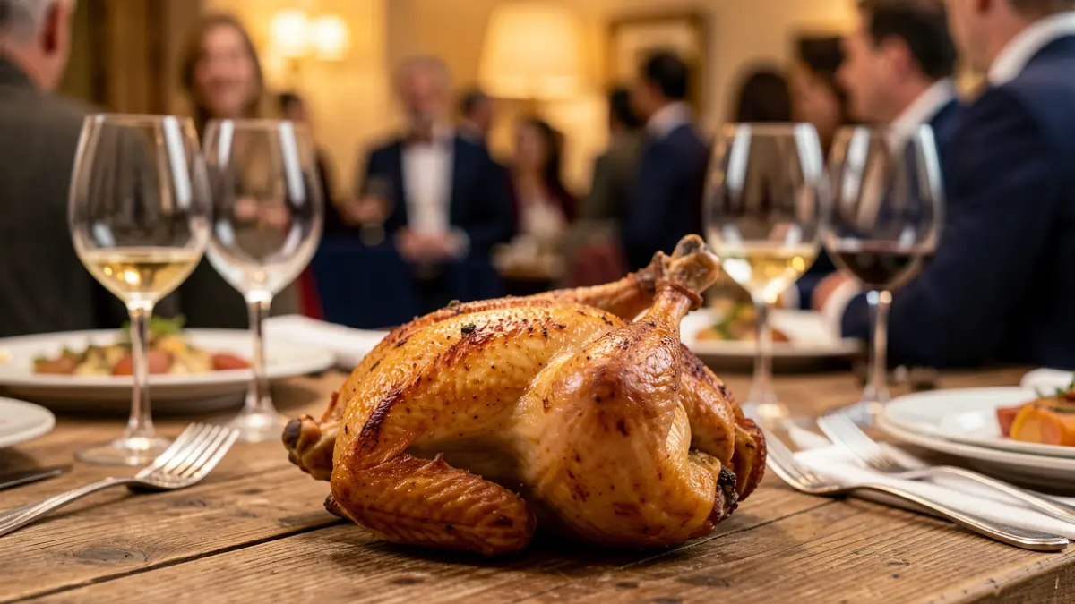 Volaille de Bresse rôtie sur une table rustique, avec des éléments de repas gastronomique français en arrière-plan flou.