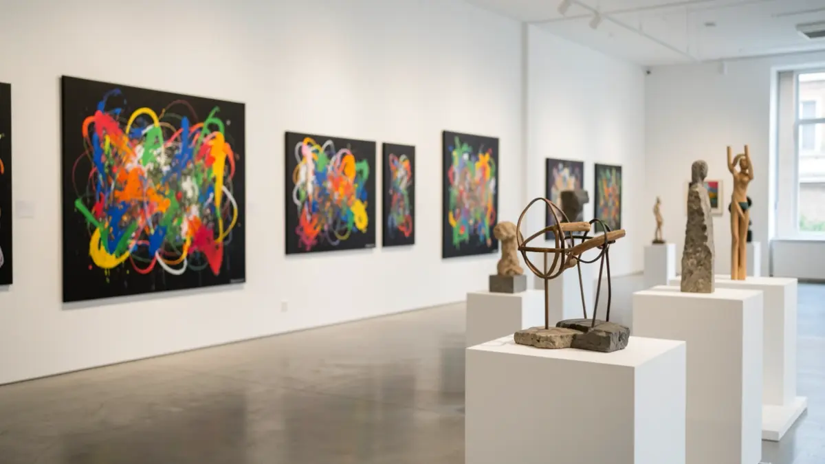 Contemporary art exhibition featuring abstract paintings and sculptures.