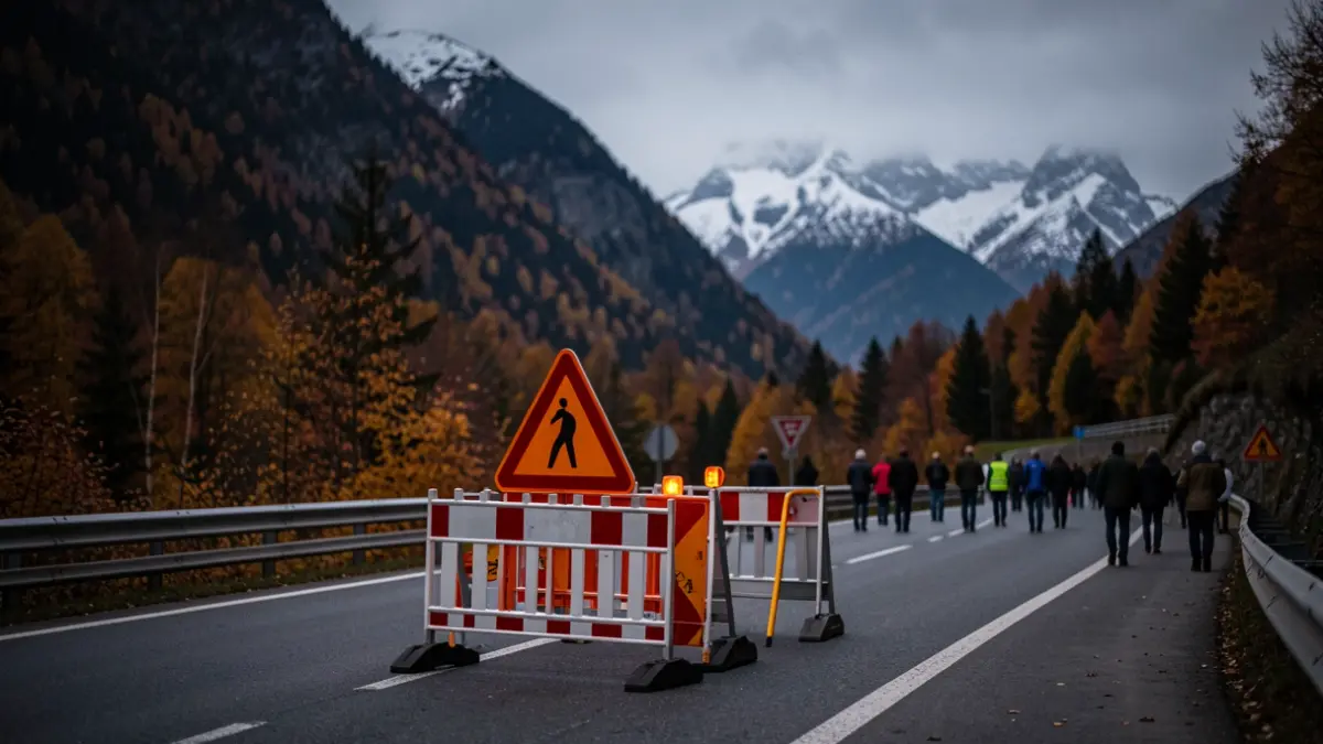 Road closure barriers and warning signs on a mountain road in the French Alps in autumn, with distant snow-capped peaks.