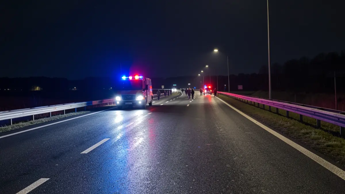 Generic image of a closed highway at night, with emergency lights.