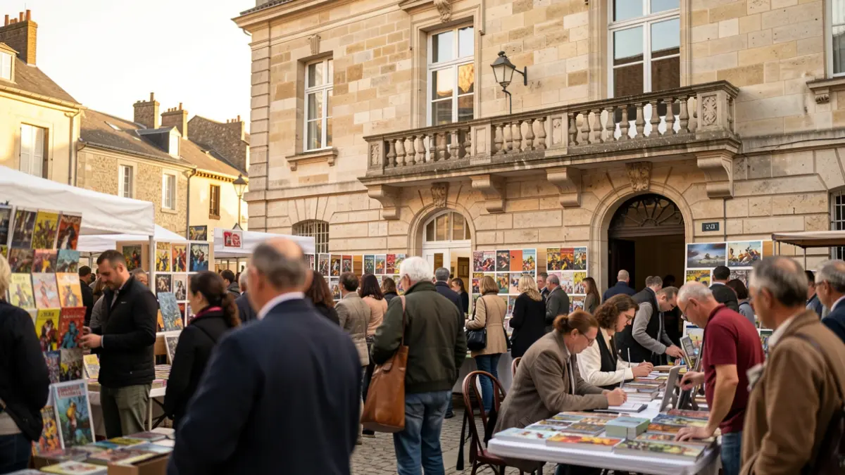 Generic scene of a comic book festival in a public building.