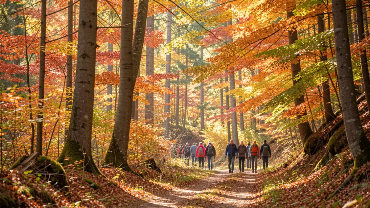 Generic image of the Auvergne-Rhône-Alpes forest in autumn, with colorful trees and trails.
