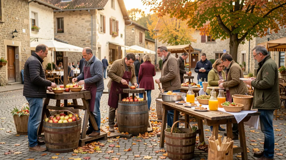 Scène de fête de la pomme avec pressage de jus et repas convivial.