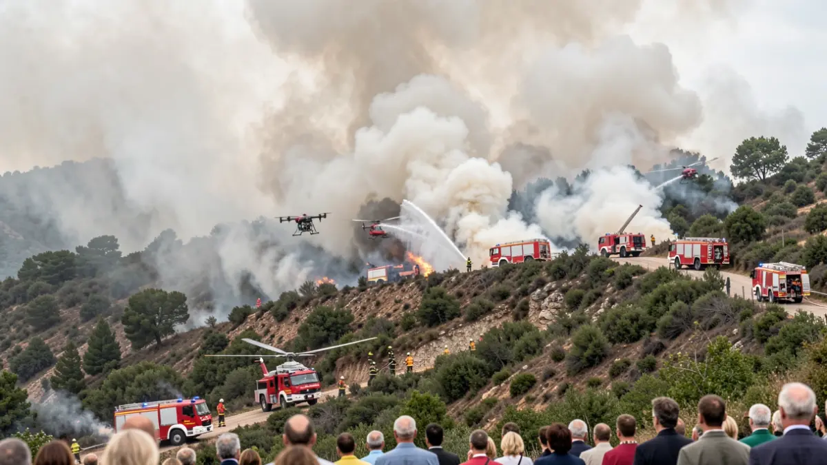 Generic image of an ongoing vegetation fire near Loyettes, with firefighters and aerial resources mobilized.