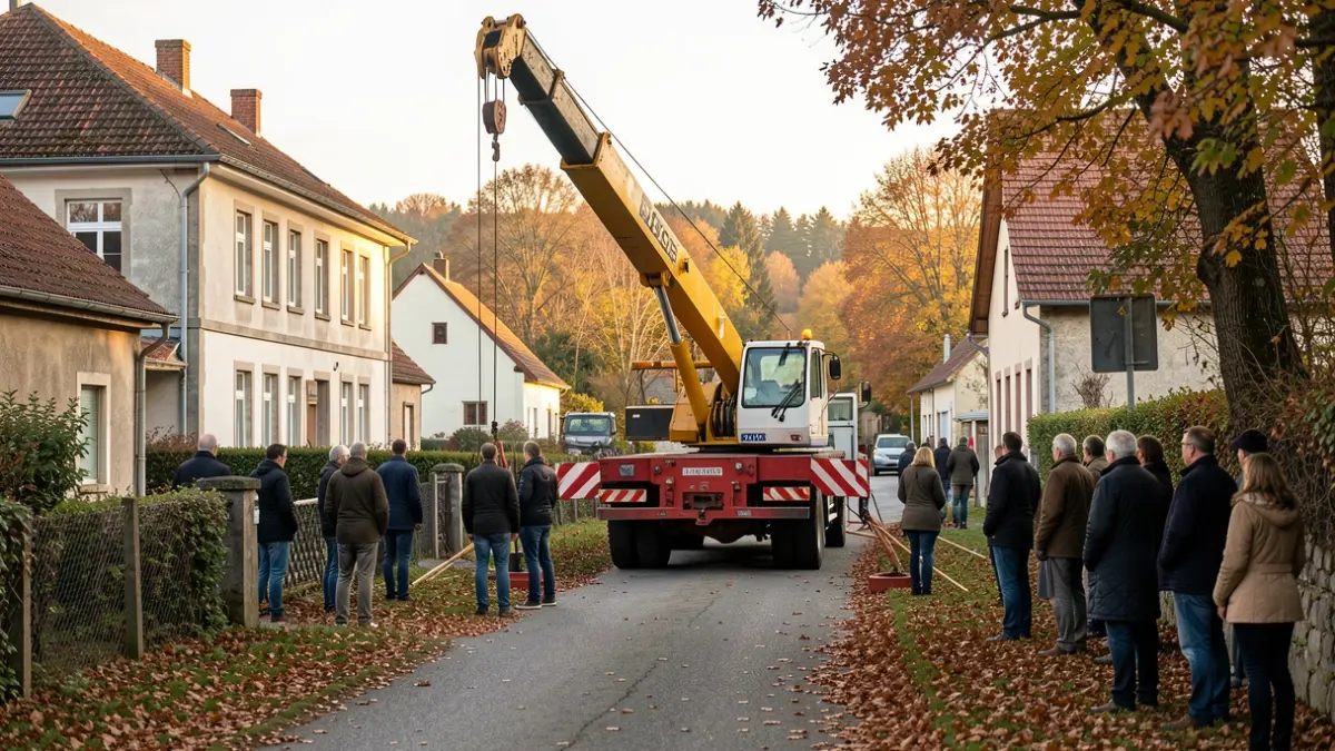 Image of a construction crane being assembled on a narrow road in Saint-Martin-Bellevue.