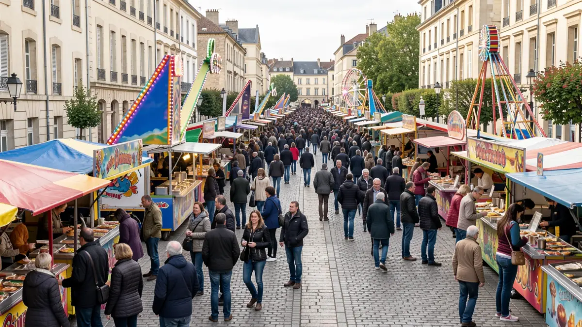 Image générique de la Vogue des Noix à Firminy, avec des manèges et des stands.